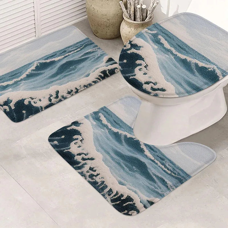 tapis bain moderne motif océan bleu clair coquillages vague antidérapant respectueux environnement doux