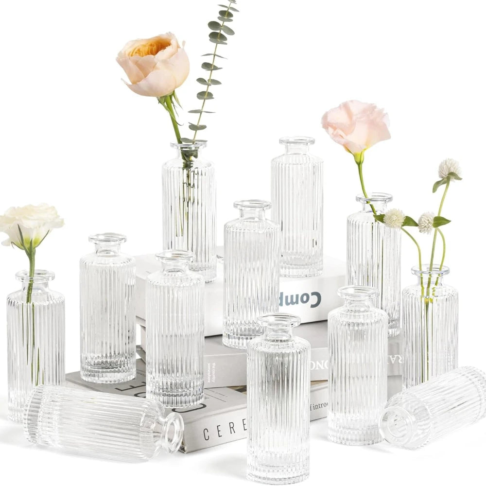 vases verre transparent marron doré rayures verticales fleurs artificielles décoration table maison vintage