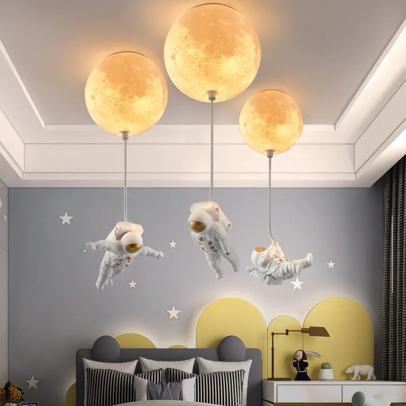 suspension lumineuse moderne astronautes lune blanc doré acrylique métal toucher interrupteur led 18cm 20cm
