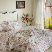 Parure de lit 4 pièces en coton à volants vintage rose floral chic pour chambre