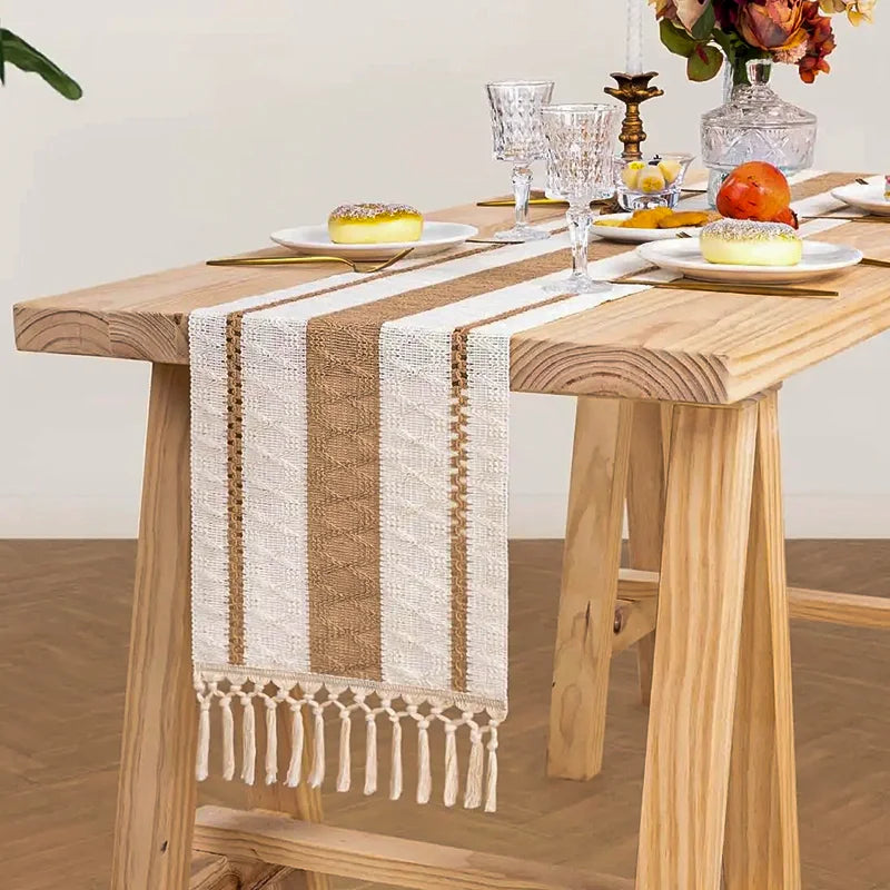 ensembles table boho rustique serviettes lin macramé franges assiettes couverts plateaux