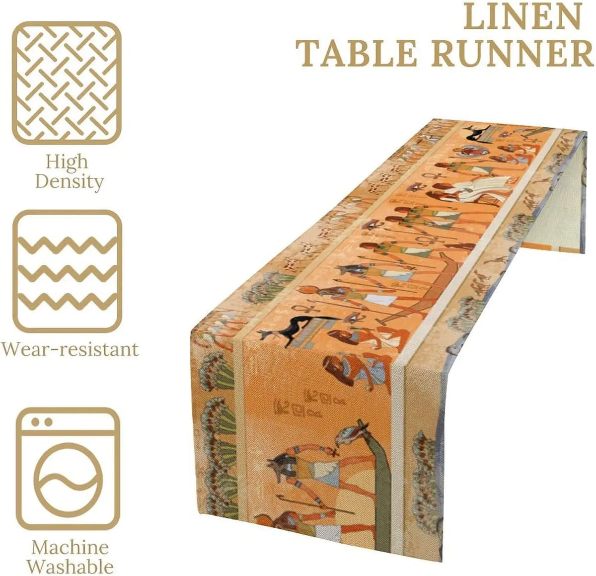 nappe runner égyptienne ancienne motifs hiéroglyphes personnages animaux oiseaux texture lin