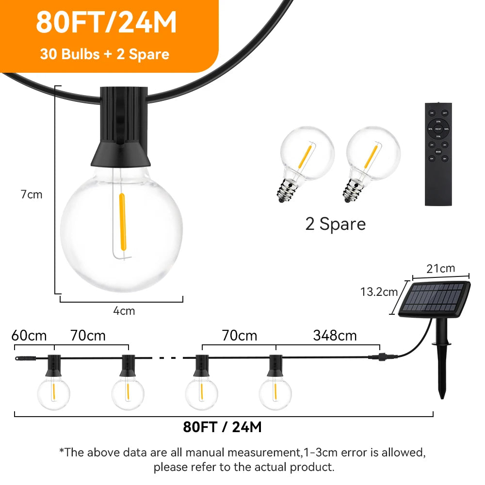 guirlande lumineuse solaire transparente jaune doré 42 ampoules led 4400mAh ip44 vintage clips