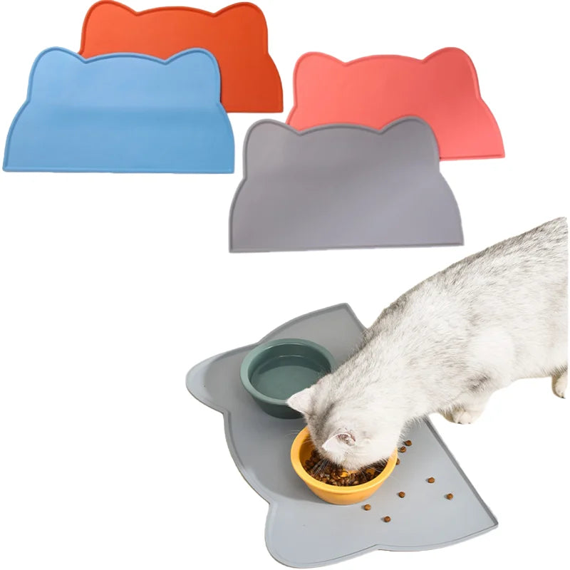 tapis alimentation animaux silicone forme chat bleu orange gris rose moderne adhésif bol intégré