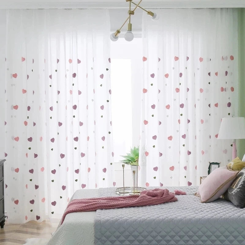 rideau transparent polyester coeurs relief moderne blanc rose violet vert chambre maison