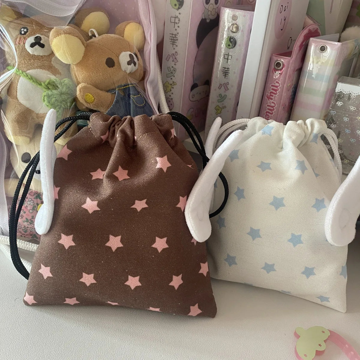 sac cordons étoiles créatif enfantin beige marron rose pâle anti poussière polyestère portable