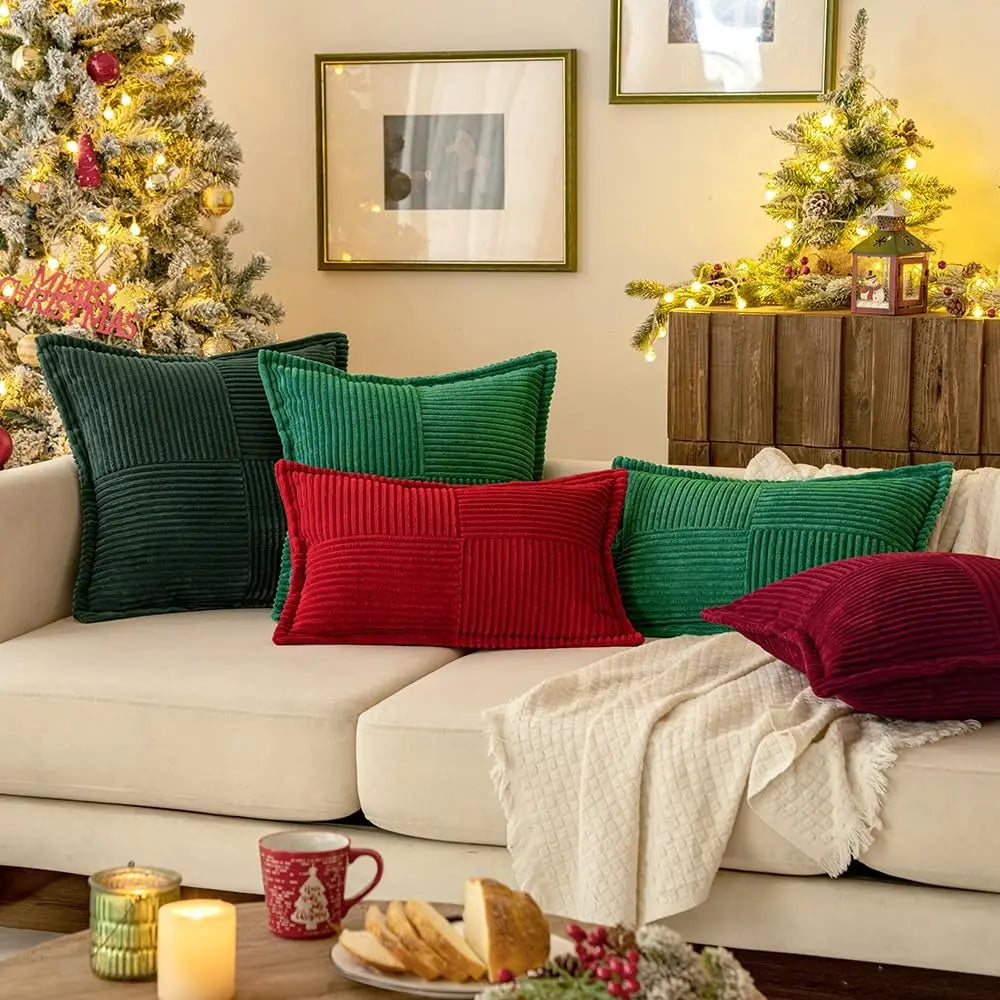 housse coussin velours rayé rouge vert blanc moderne 24x24 pouces zipper cuisine noel