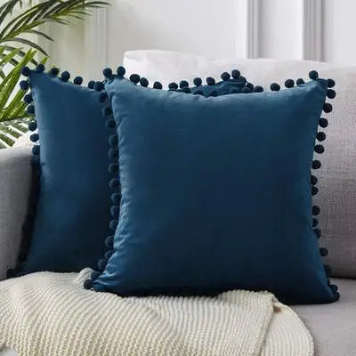 taies d'oreiller velours moderne gris jaune rose bleu blanc pompons non toxique polyester 45x45cm