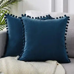 taies d'oreiller velours moderne gris jaune rose bleu blanc pompons non toxique polyester 45x45cm