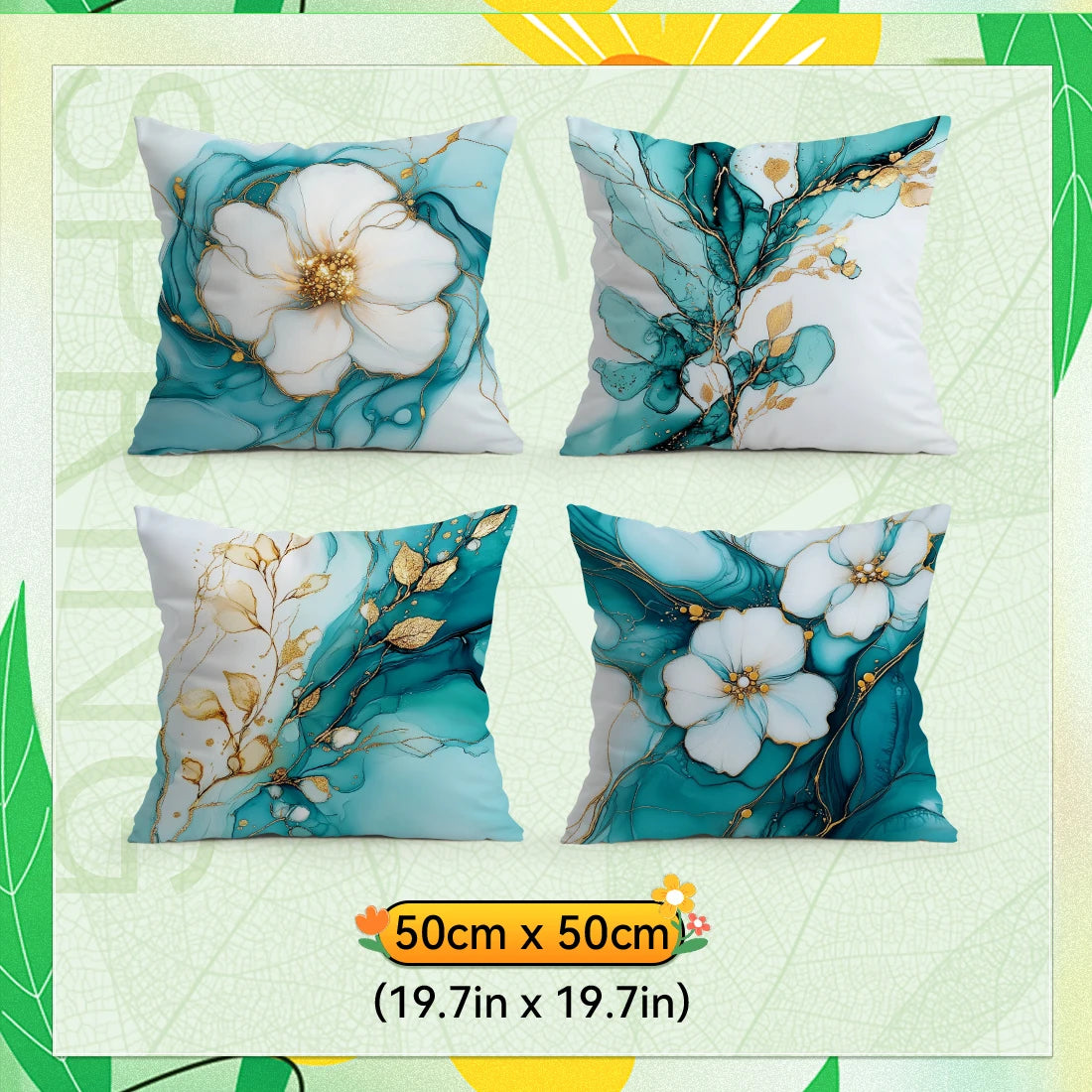 coussin moderne fleurs blanches dorées fond bleu zip invisible 40cm 45cm 50cm