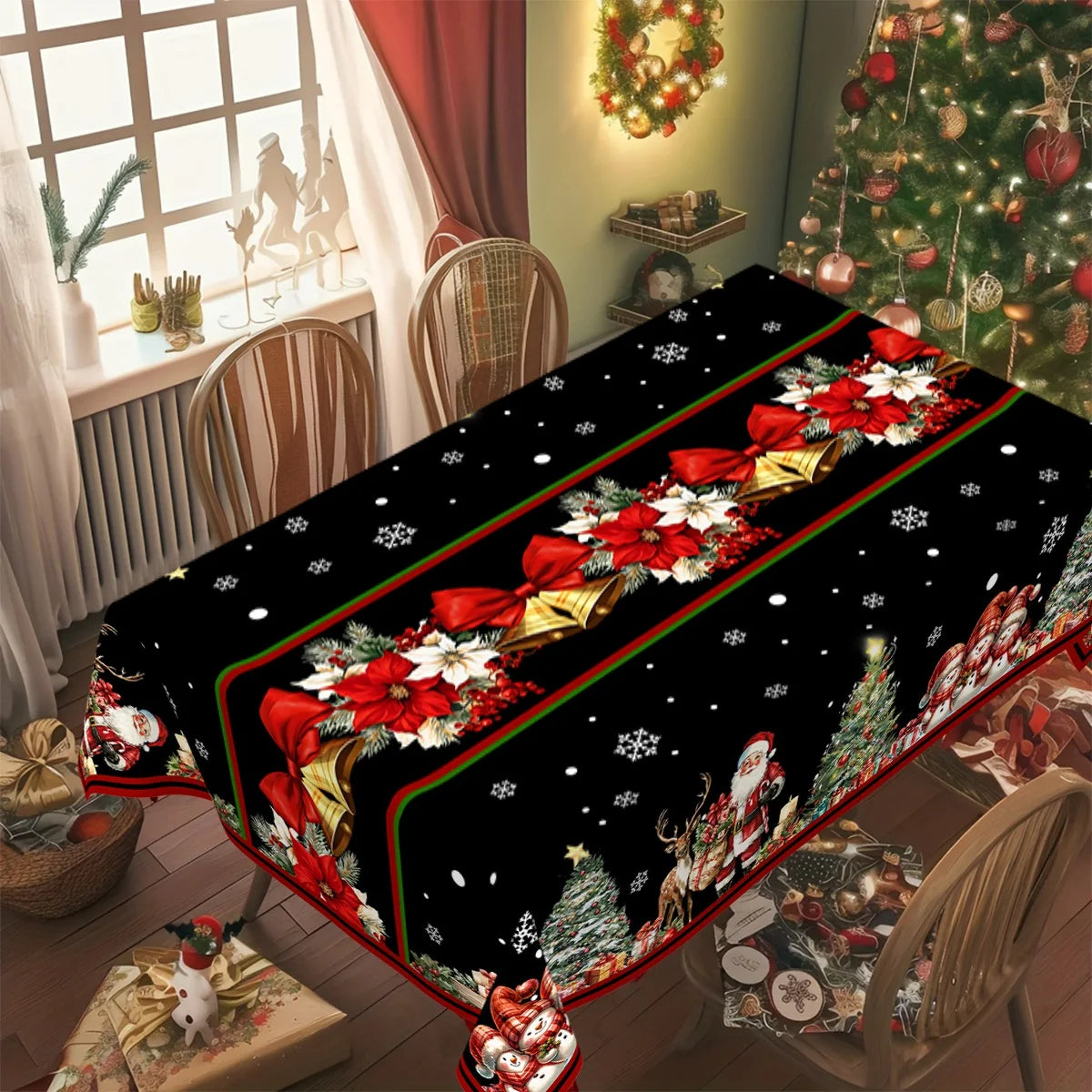 nappe noire noël motifs santas flocons ornement table maison fête banquets roues festive