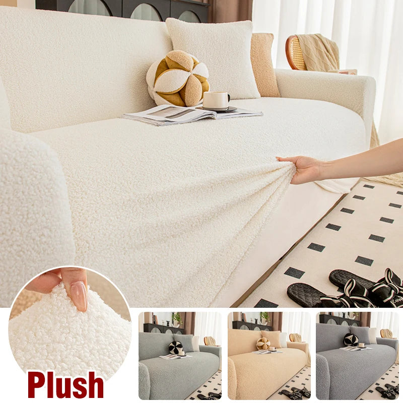 housse canapé velours doux beige clair moderne confortable peluche épaisse extensible elastic lavable machine