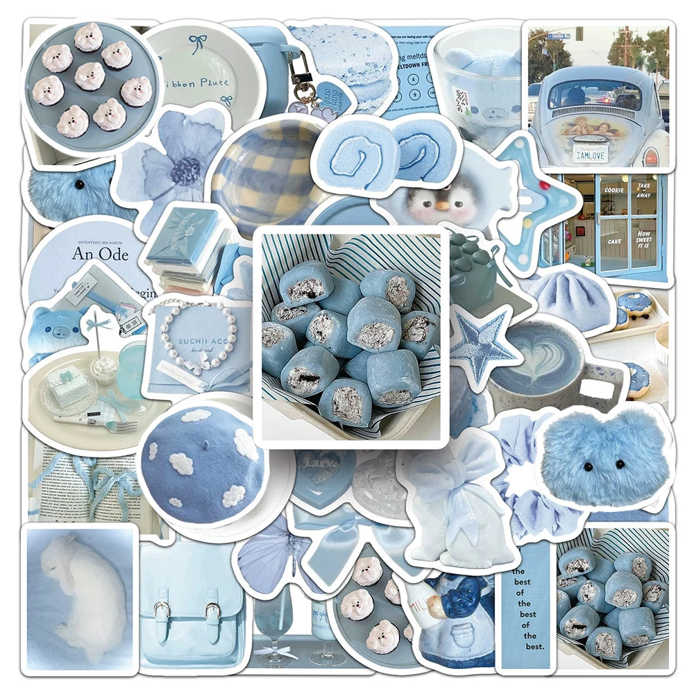 stickers decoratifs bleu clair fleurs coeurs animaux geometriques aesthetic ribbon plate tasse coeur peluche