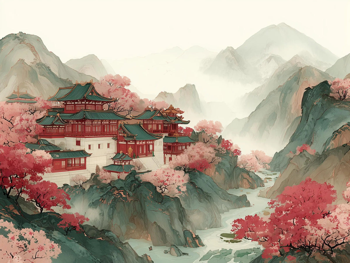 toile art paysage traditionnel poisson koi fleur cerisier temple lotus décoration intérieure murale cadre