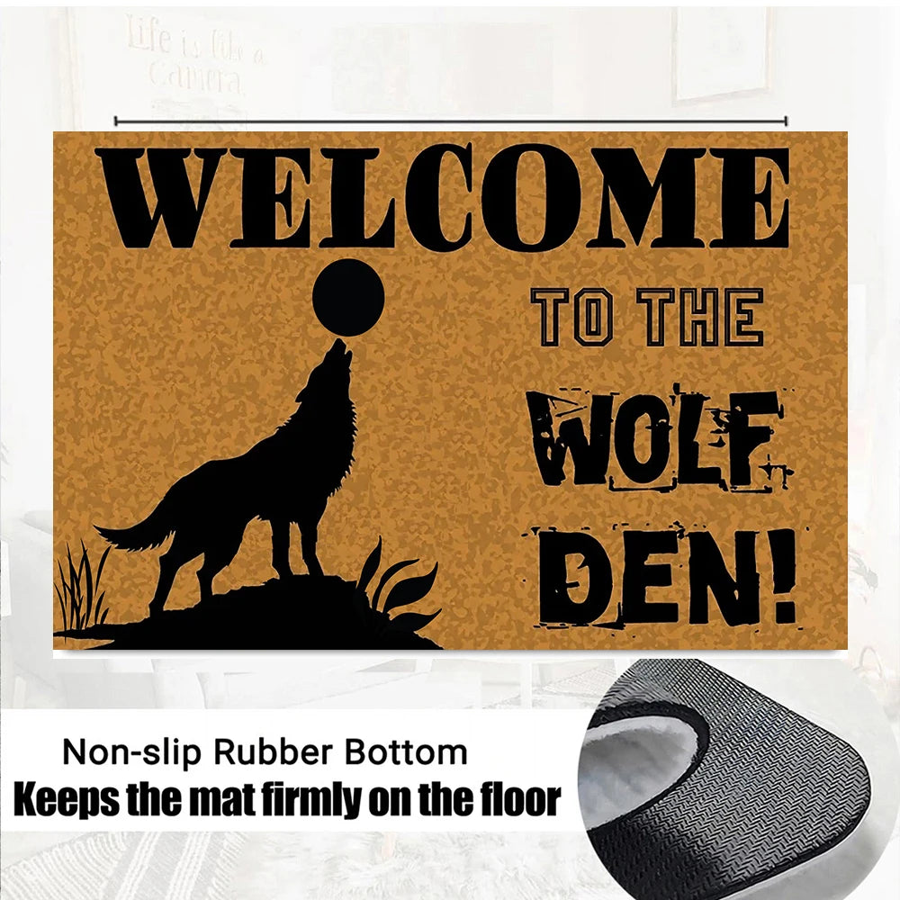 tapis d'entrée marron loup hurlant welcome wolf den antidérapant résistant extérieur intérieur vintage rustique