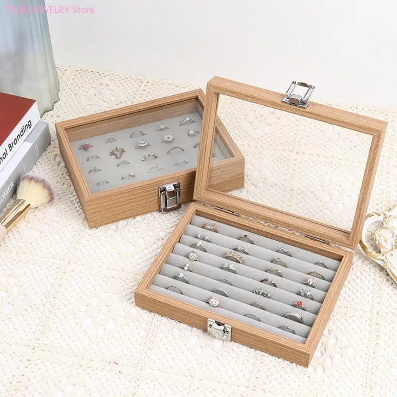 boîte bijoux bois naturel moderne cadenas 20cm 15cm 15cm rangement bagues boucles d'oreilles gris