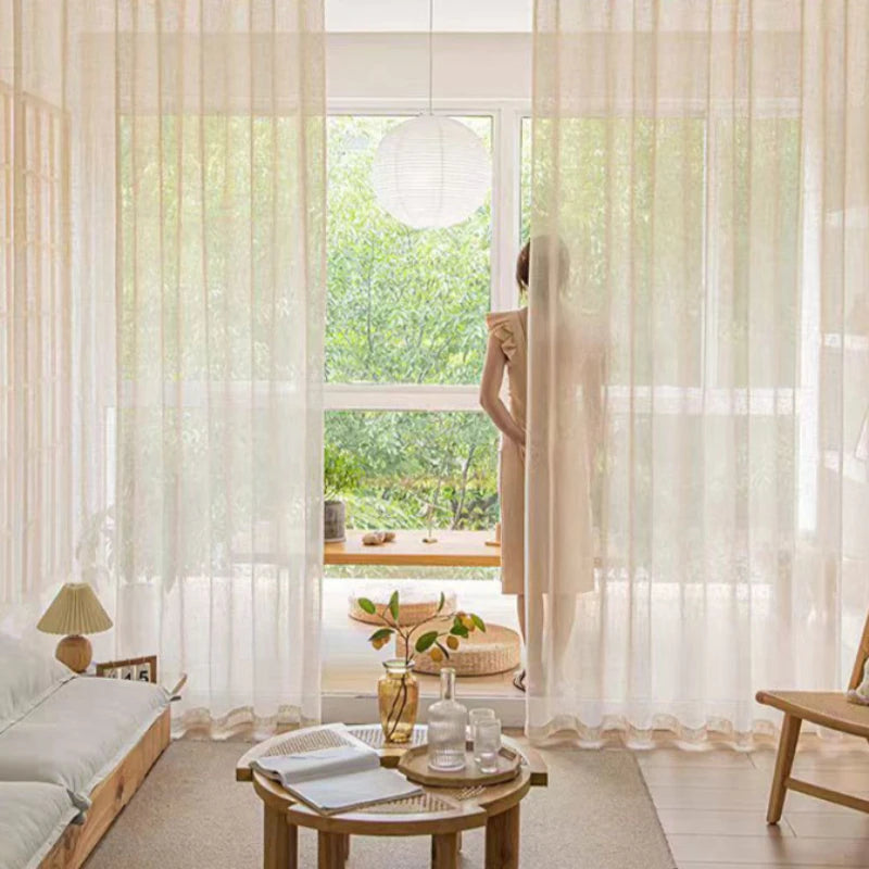 Voilage beige en tulle imitation coton et lin pour chambre ou salon, rideaux pour salle à manger