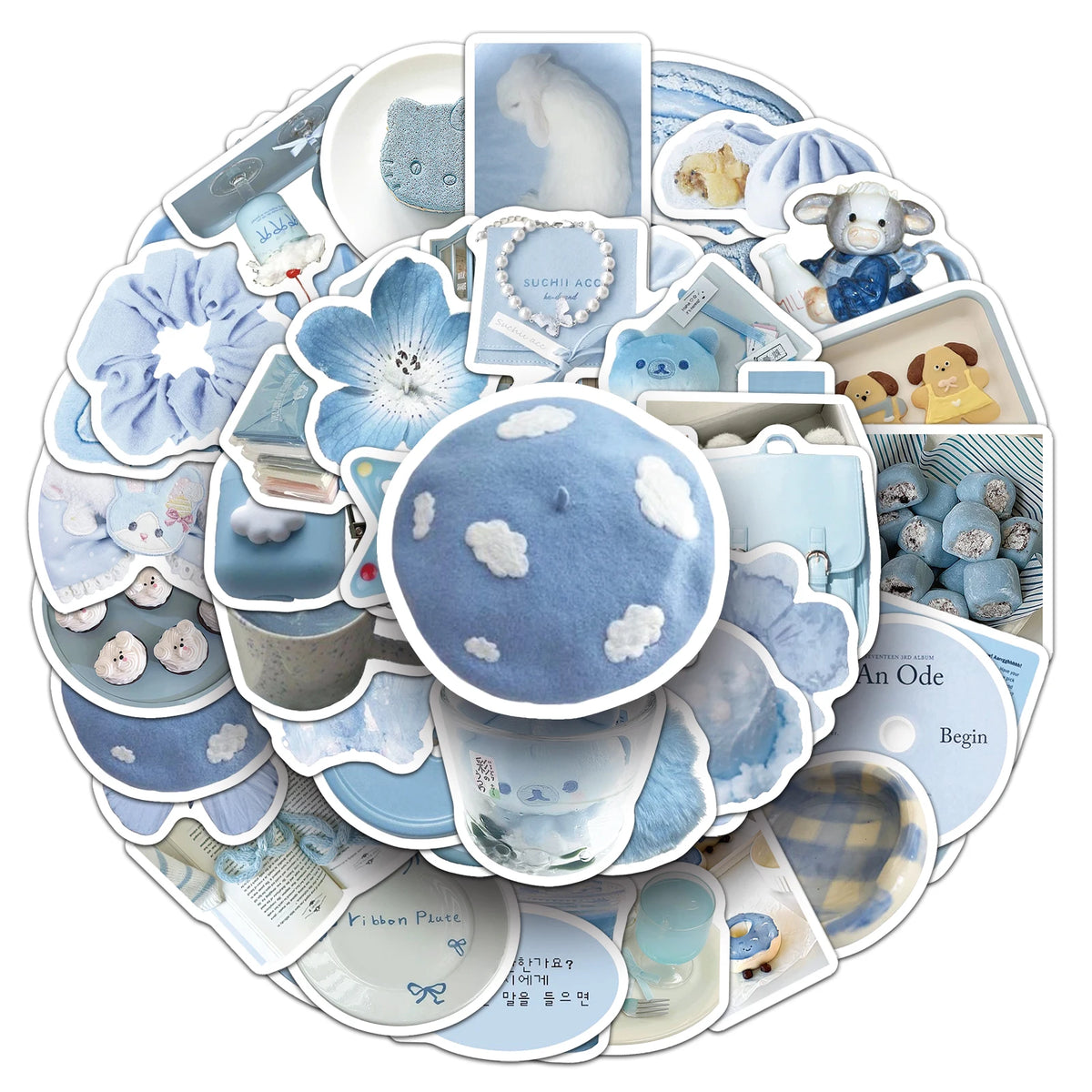stickers mignons bleu clair fleurs animaux aesthetic 50 pièces pack