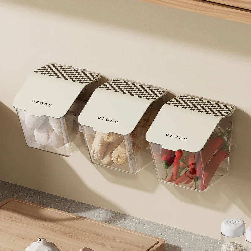 boîtes rangement murales adhésives transparentes carreaux blancs moderne épices aliments cuisine imperméables minimaliste