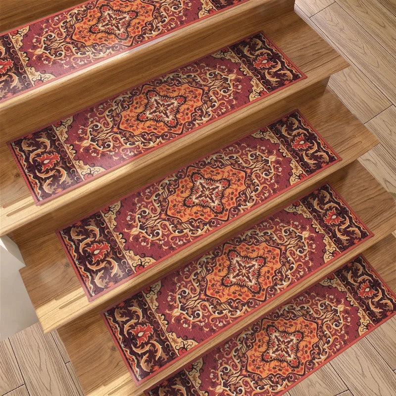 tapis marches ornements floraux rouge orange beige classique antidérapant daim 76x20cm
