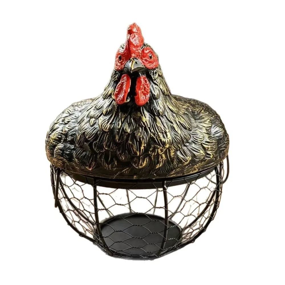 panier rangement œufs forme poulet métal rustique multiusage noir blanc texturé