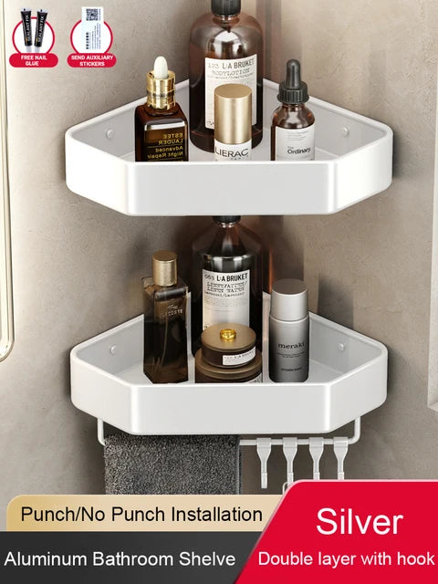 étagère salle bain moderne adhésive métal gris plat niveaux crochets rangement góc