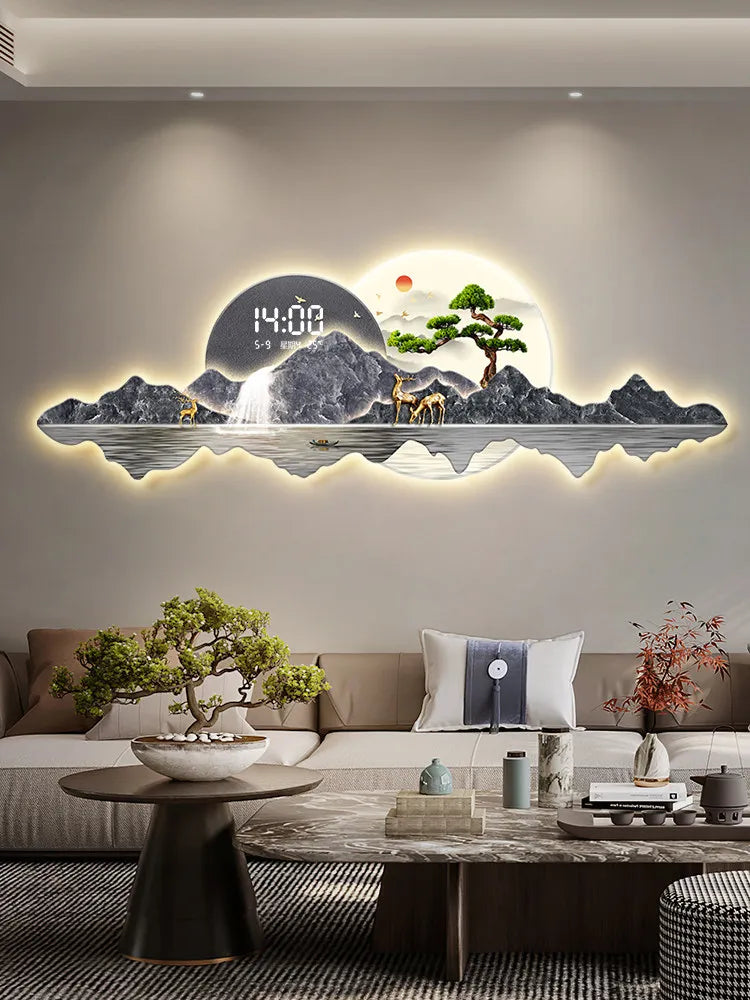 horloge murale led moderne horloges numériques cadran lumineux montagnes arbre soleil lune