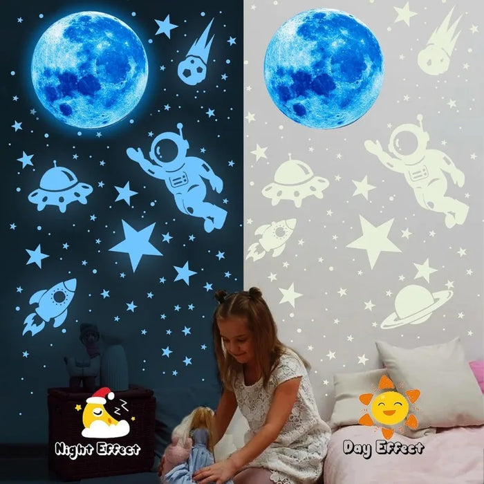 stickers muraux bleu étoiles astronautes planètes fusées décoration enfant spatial adhésif ludique chambre magique