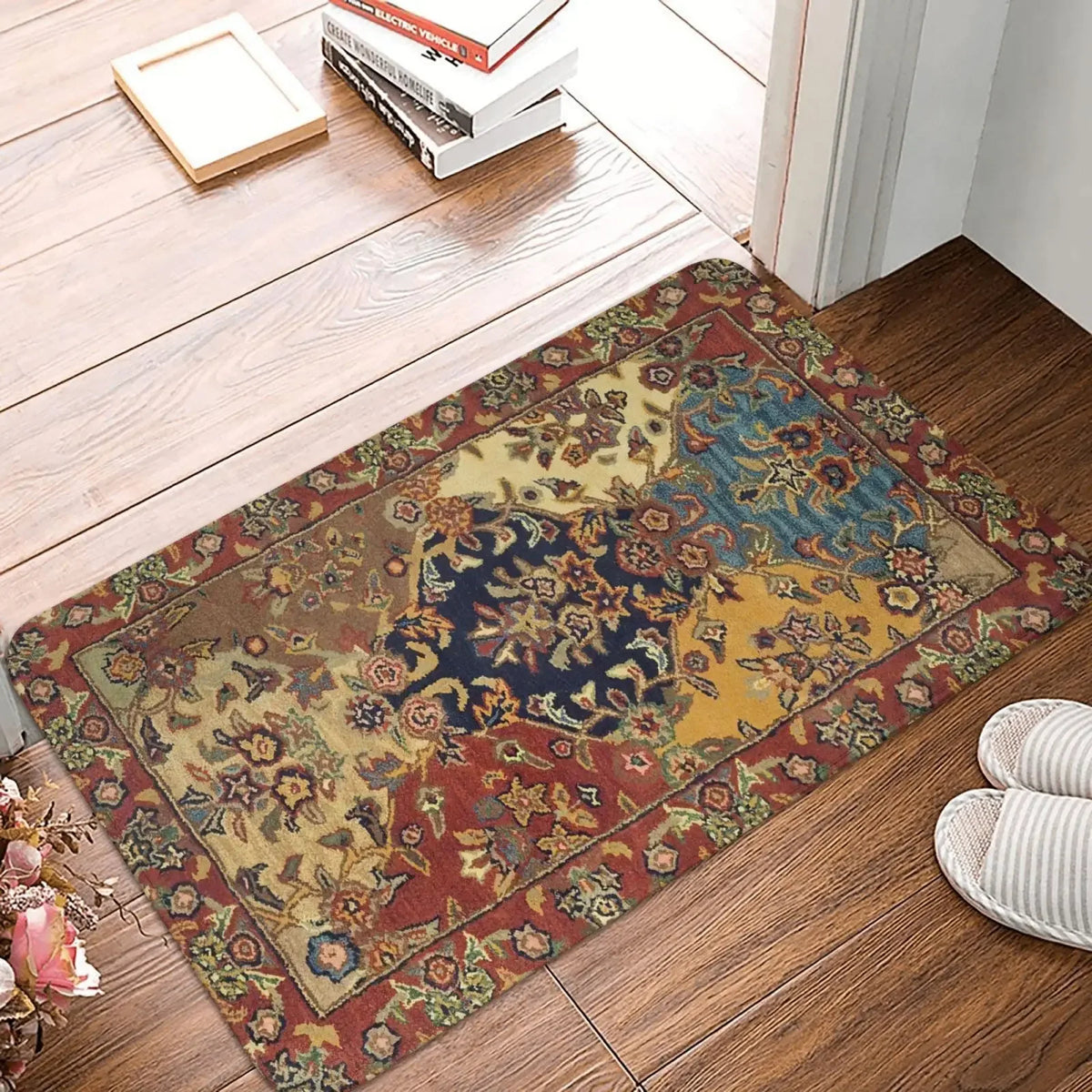 tapis ethnique traditionnel rouge bleu beige antidérapant intérieur extérieur doux porte sol cuisine