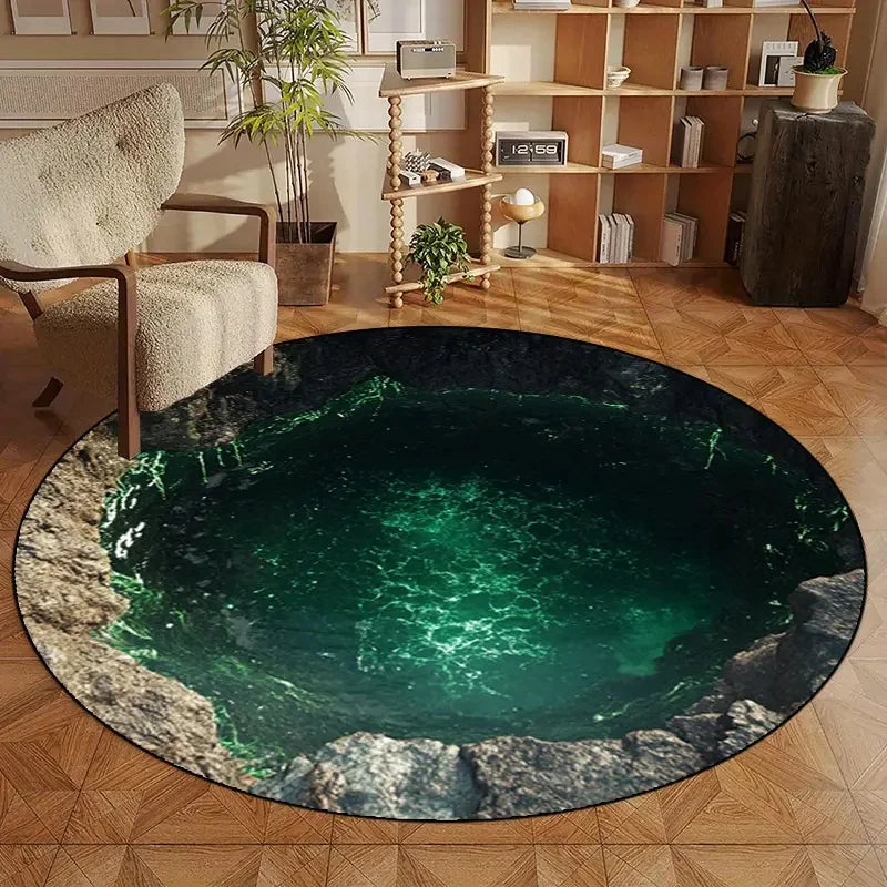 tapis rond scénique paysage aquatique moderne bleu vert noir gris orange