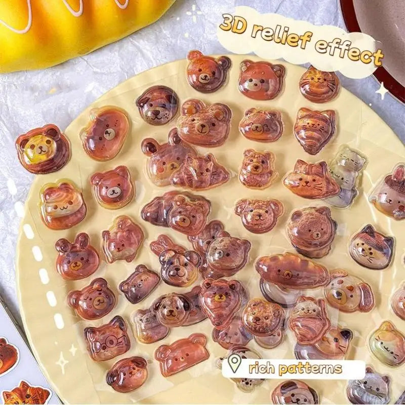 stickers 3d relief transparents pain ours bébé chat marron beige doré scrapbooking téléphone