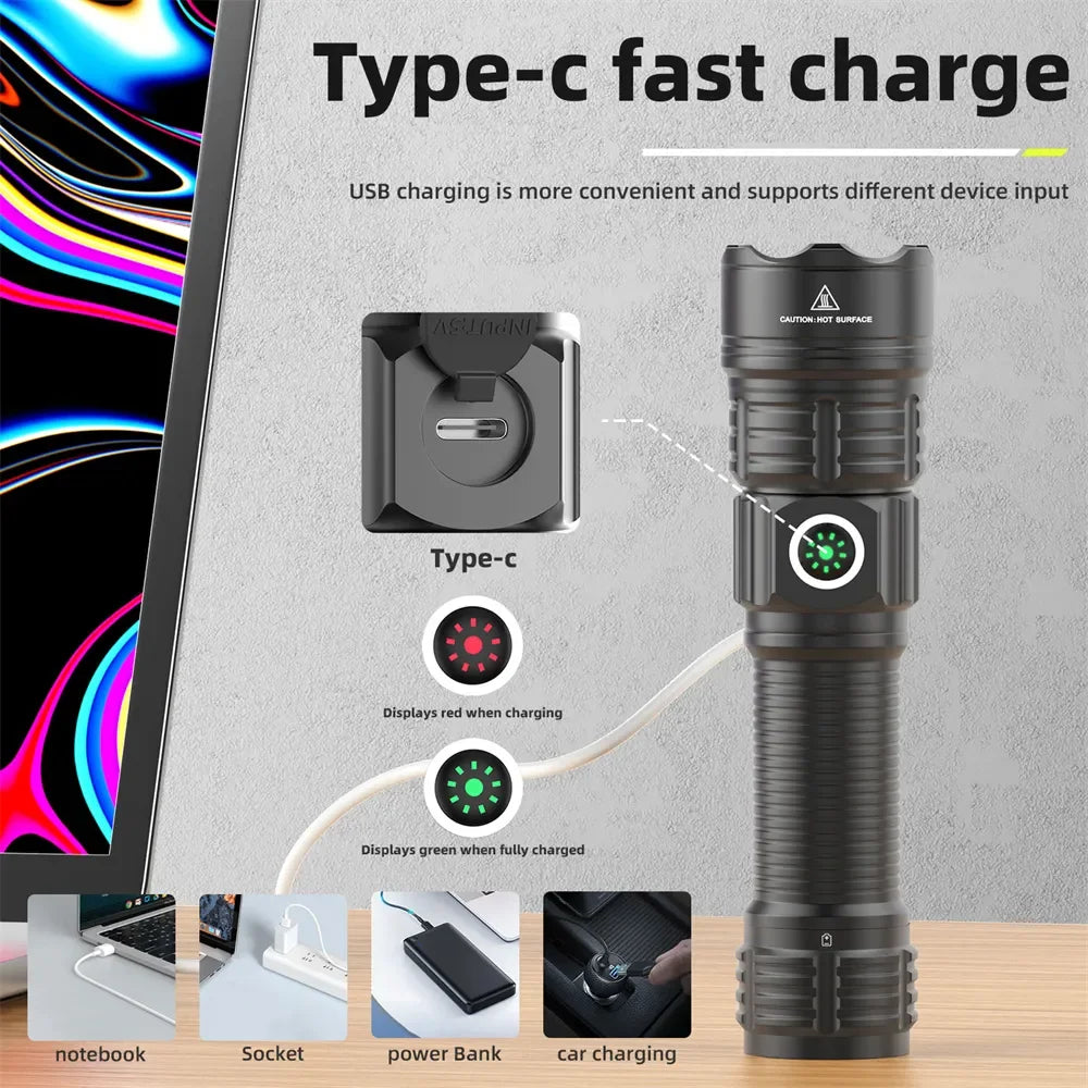 lampe torche rechargeable led noire moderne camping 500m lumiere intense durable sac transport cable