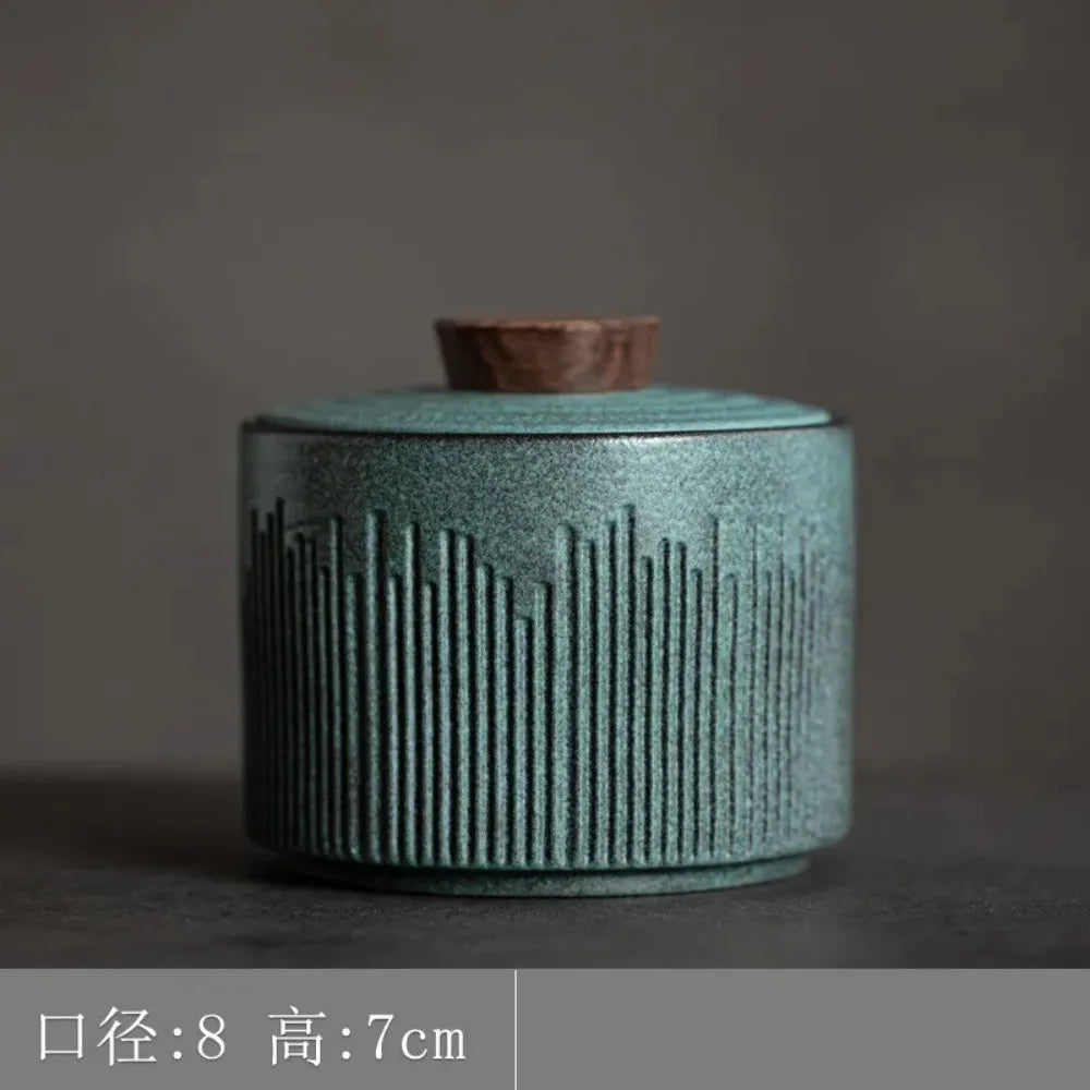 pot thé céramique vert rayures moderne couvercle bois rangement hermétique collations portable