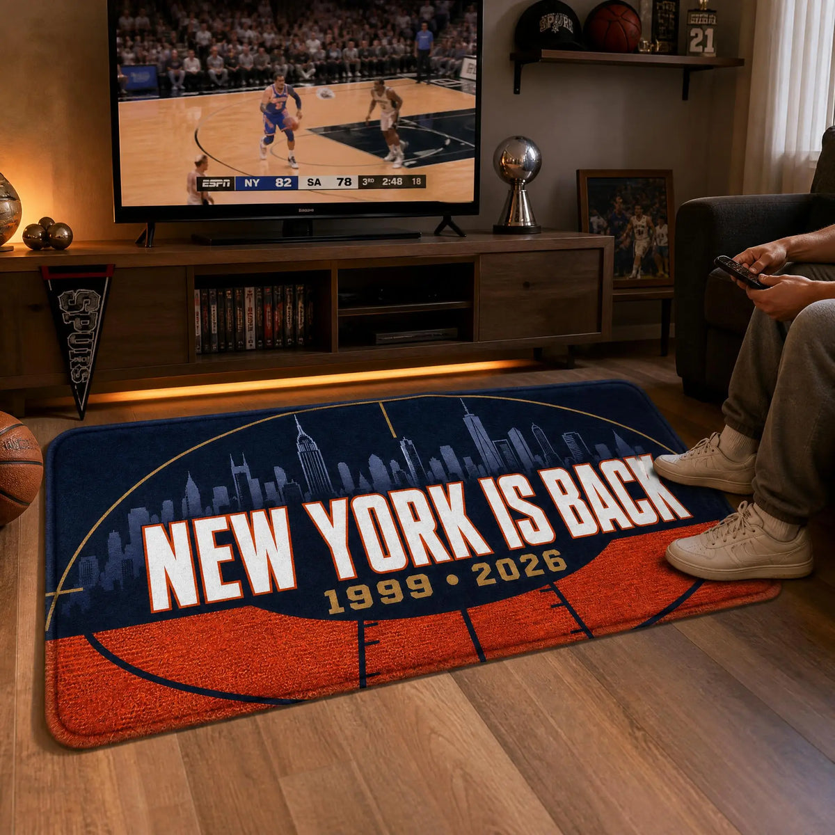 tapis polyester antidérapant basket ball york moderne bleu foncé orange salon salle sport entree