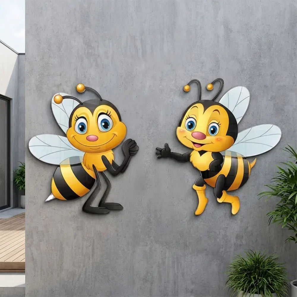 autocollants muraux dessin animé abeille jaune noir antennes dorées yeux bleus résistants intempérie 12cmx15cm