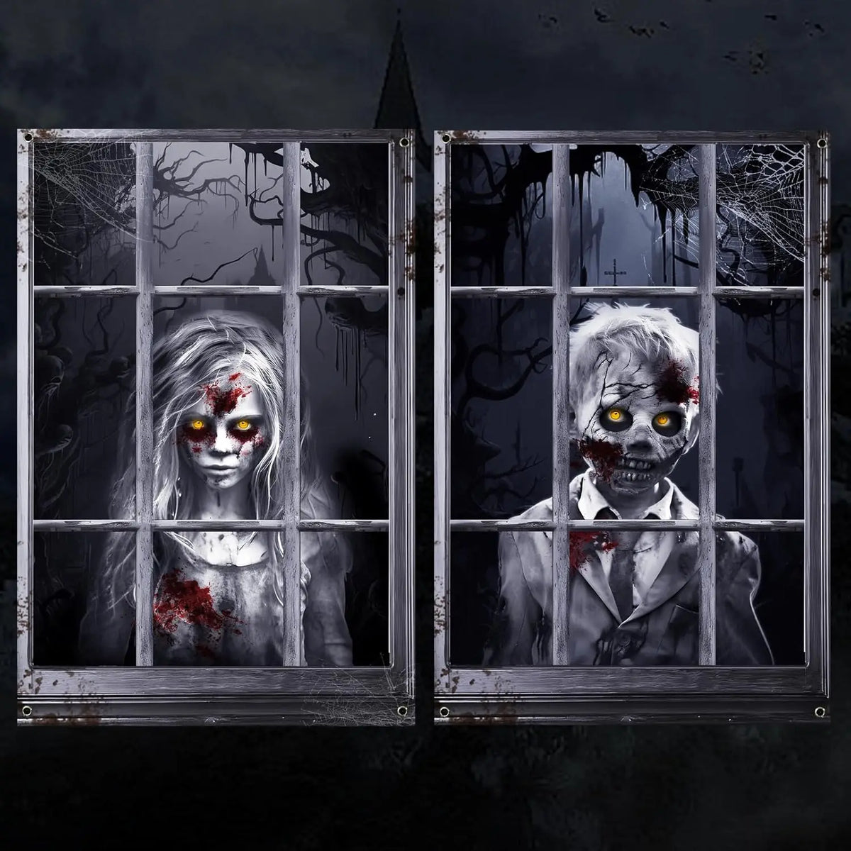 rideau fenêtre halloween gris noir visage effrayant barreaux sang occasion fête halloween anniversaire