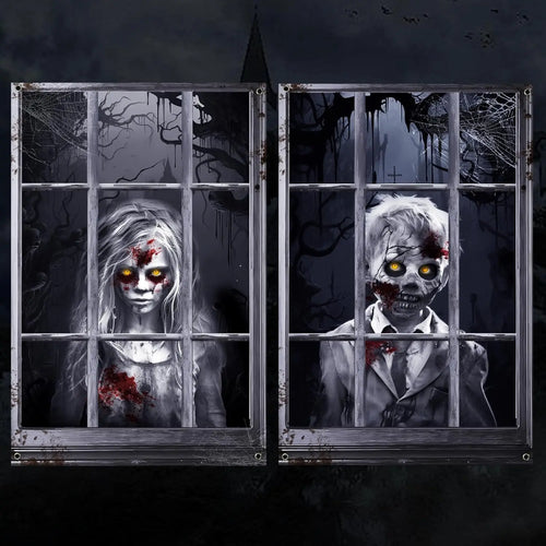 rideau fenêtre halloween gris noir visage effrayant barreaux sang occasion fête halloween anniversaire