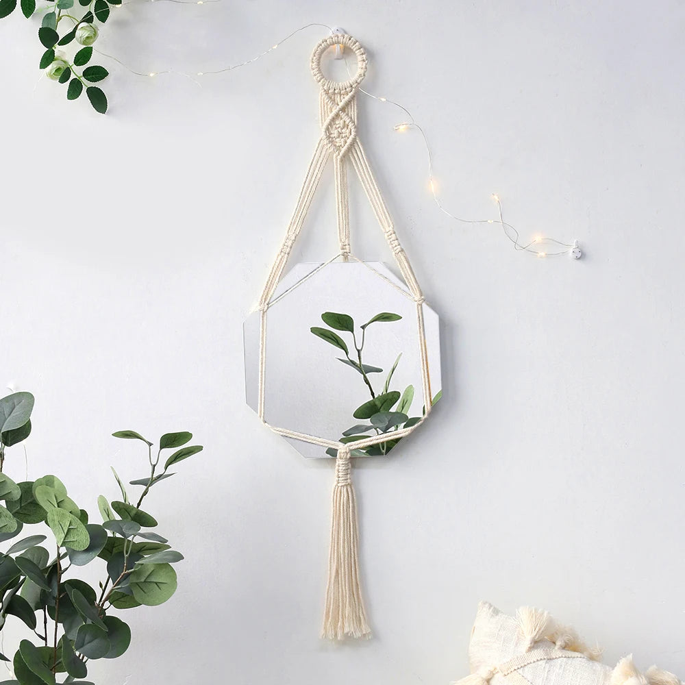 miroir mural macramé boho blanc franges décoration intérieure chambre salon artisanal
