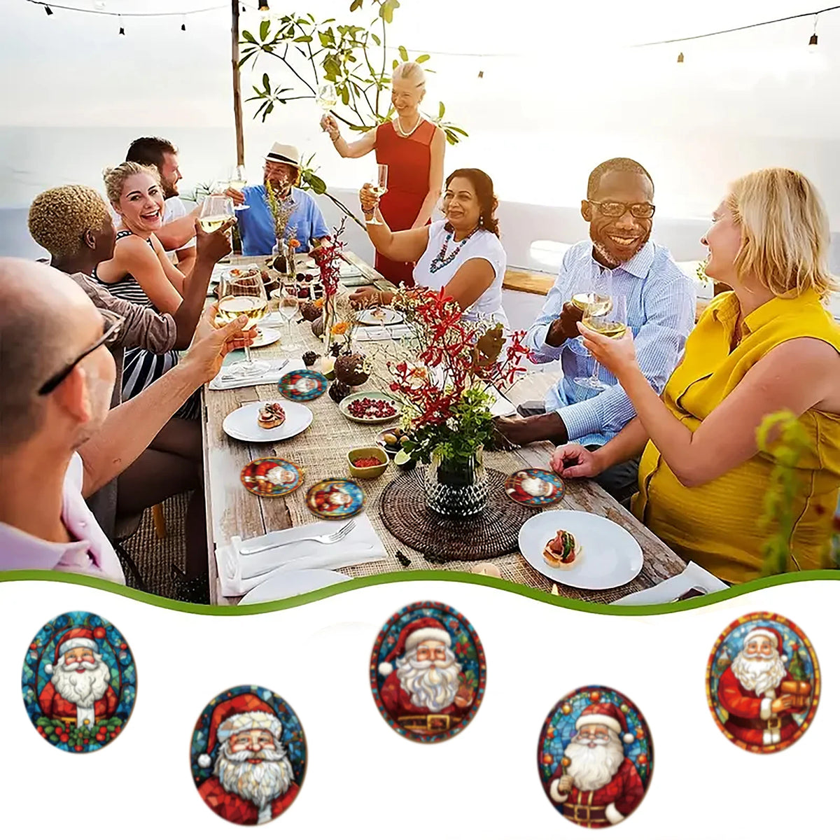 sous verres bois motifs noël vitrail père noël multicolore artisanal festive opaques