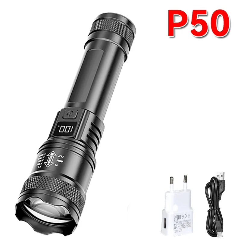 torche portable led rechargeable zoom télescopique batterie usb boîte moderne noire intense