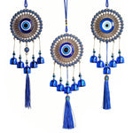 pendant ethnique attrape rêves œil bleu argenté clochettes métal maison jardinextérieur