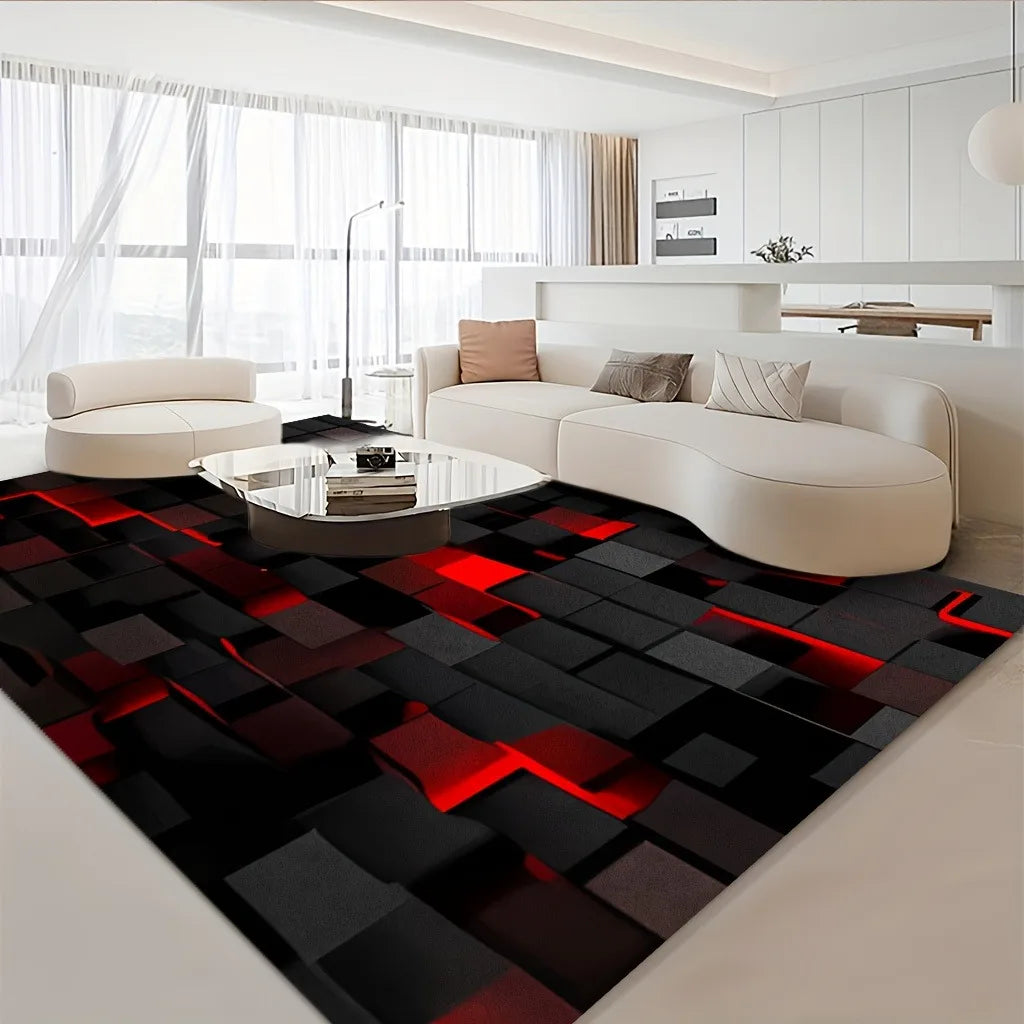 tapis moderne carreaux géométriques noir rouge gris salon chambre prière extérieur.decoratif