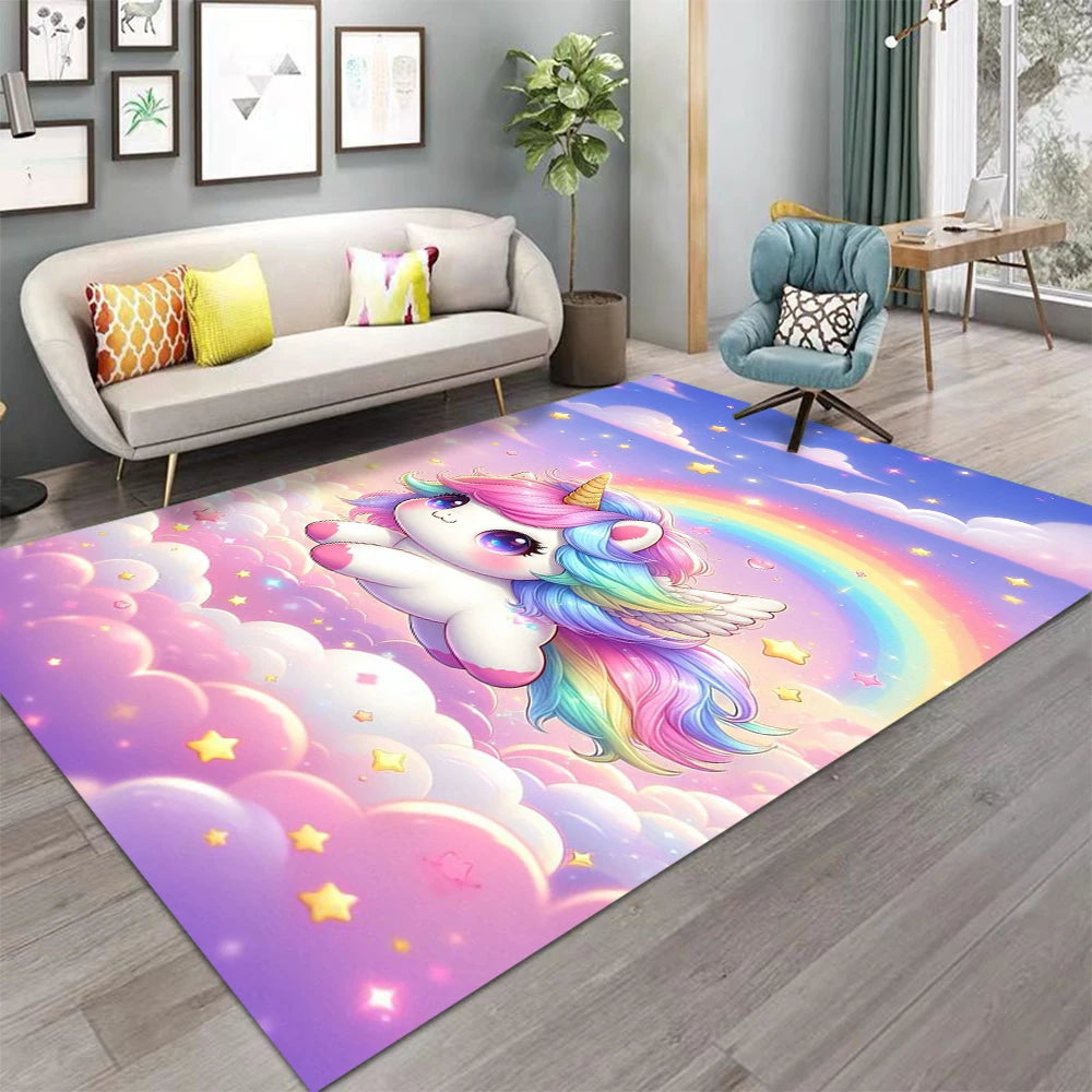 tapis enfant chambre licorne arc ciel velours doux motif nuages étoiles décor salon