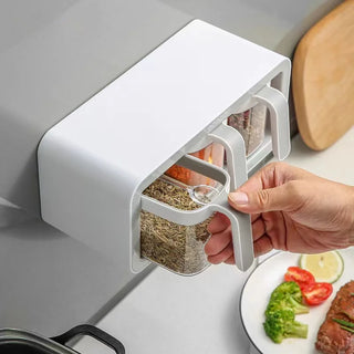étagère murale transparente épices rangement cuisine adhésif minimaliste blanc gris cuillères plastique