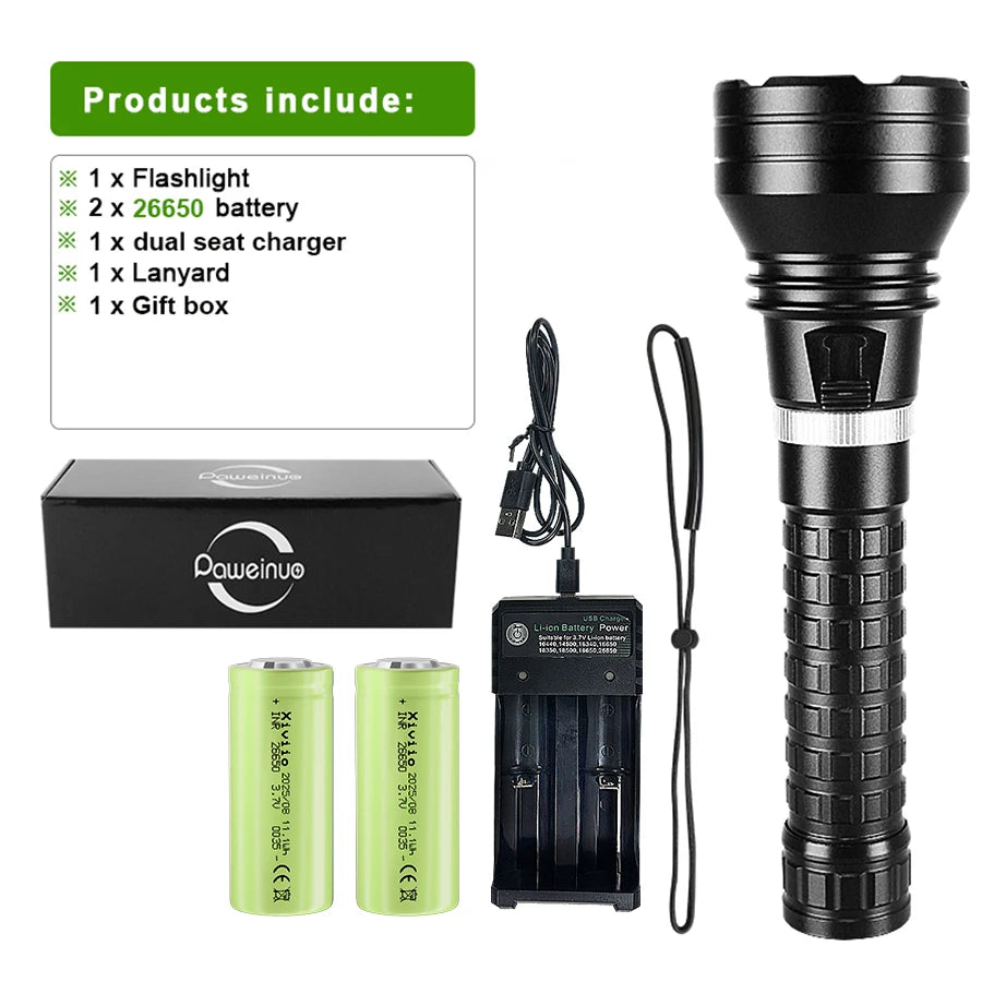 lampe torche noire led rechargeable 500m lumiere intense resistant chocs auto defense camping plongee