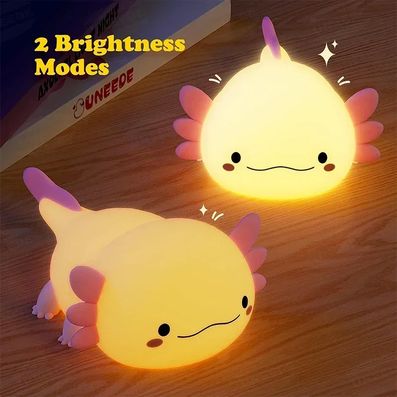 lampe nuit axolotl motif mignon texture souple moderne couleur rose blanc jaune rechargeable usb