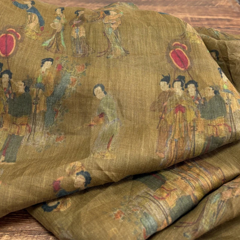 tissu brocart imprimé personnages traditionnels couleurs vert olive bleu rouge jaune beige classique bricolage