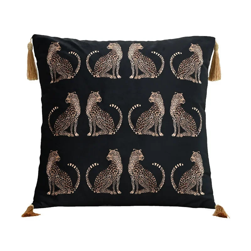 taie d'oreiller carrée léopard doré vintage tassel adhésif décorative verte noire polyester coton 45x45cm