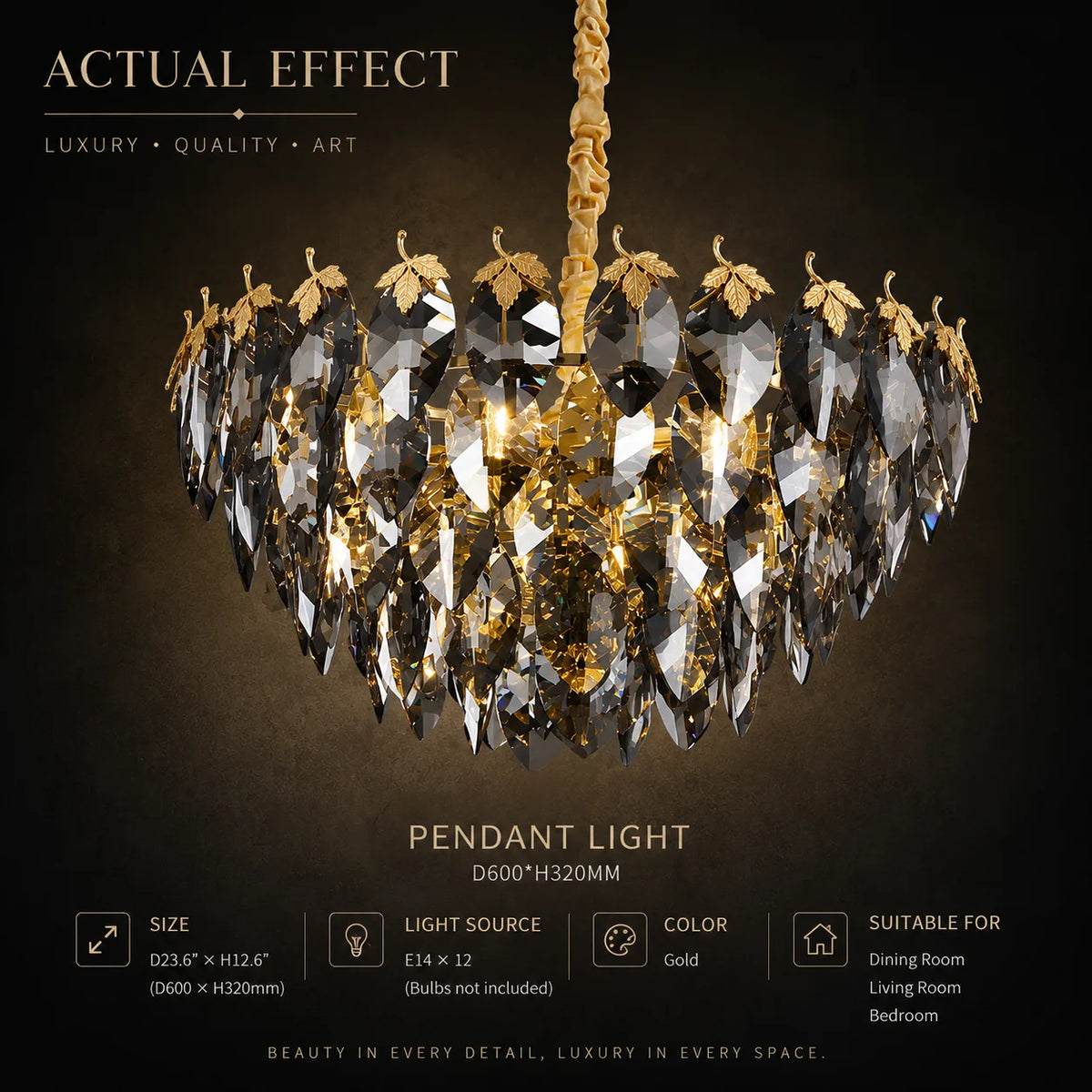 lustre cristal doré facettes brillantes élégant salon chambre moderne suspension transparent