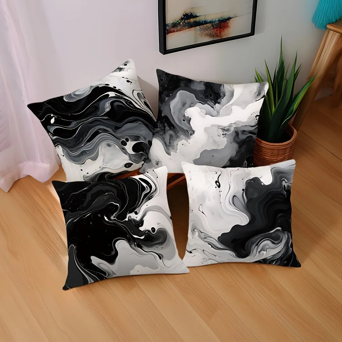 housse coussin polyester marbré moderne noir blanc gris lit salon voiture 40x40cm 45x45cm 50x50cm